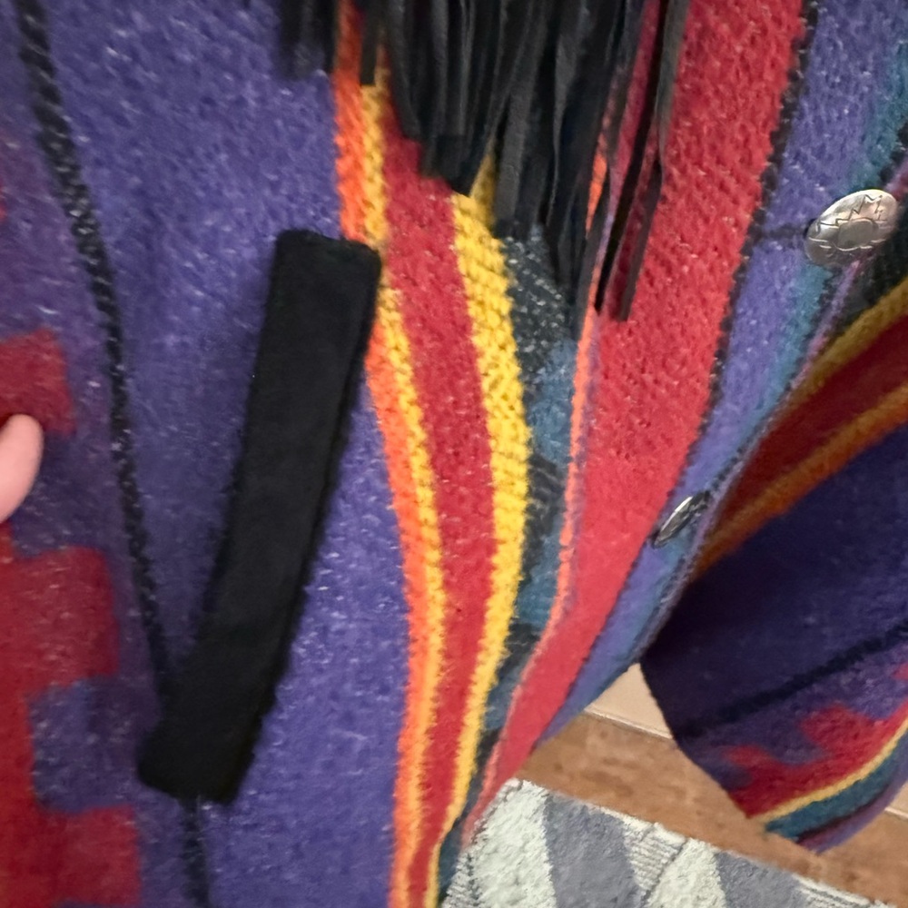 PIONEER Multicolor Southwestern Fringe Utility Jacket with Black Collar Vintage. - Picture 6 of 16